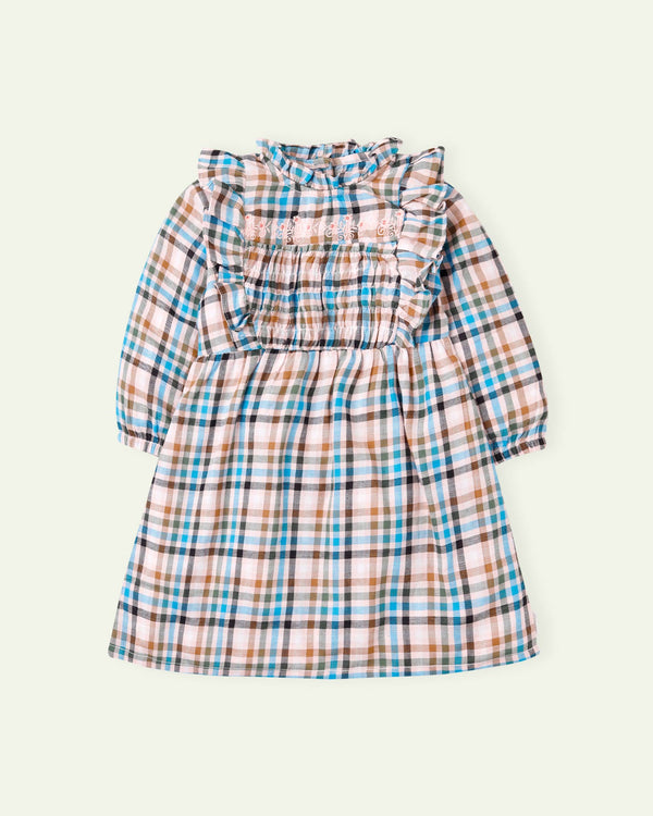 Embroidered Beige Check Dress