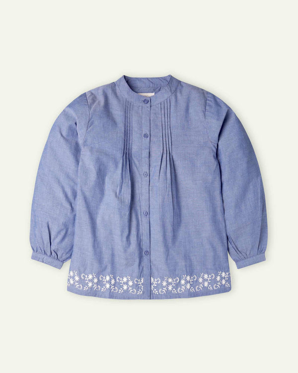 Pleated Embroidered Blue Top